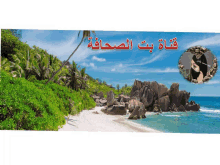 a banner with a picture of a beach and arabic writing