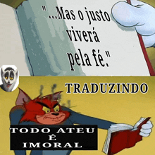 a cartoon of a cat reading a book with the words todo ateu e imoral on the bottom