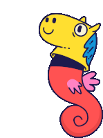 a cartoon of a seahorse with a yellow head and red tail