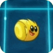 a yellow ball with a face on it is floating in a blue cube .