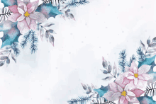 a white background with pink flowers and blue leaves on it