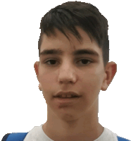 a young man with a white shirt and a blue backpack looks at the camera