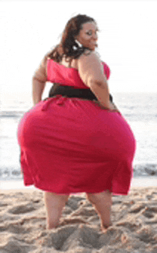 a woman in a red dress has a very large butt .