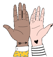 a drawing of two hands with one having an arrow tattoo on it