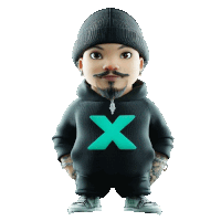 a cartoon character is wearing a black hoodie with a green x on it