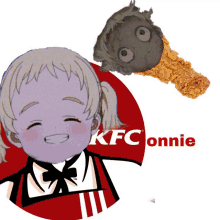 a picture of a girl in a kfc uniform next to a kfc chicken