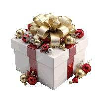 a white gift box with red and gold decorations