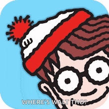 a cartoon character with glasses and a red hat with the words where 's walt tho