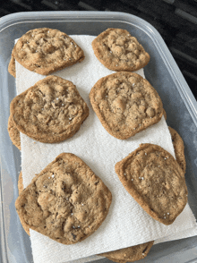 six cookies are sitting on a paper towel in a clear container