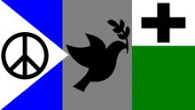 a peace sign a dove and a cross are on a blue and white background