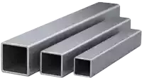 three stainless steel square pipes are stacked on top of each other on a white background .