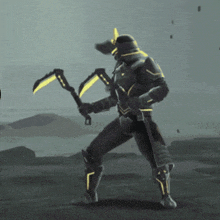 a man in armor is holding a pair of yellow knives