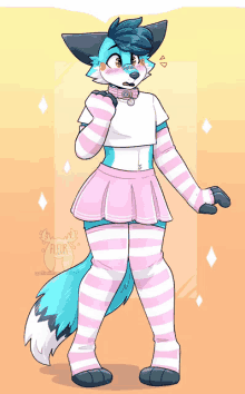 a drawing of a furry wearing striped socks and a crop top