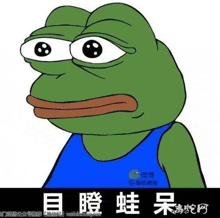 a green frog with big eyes is wearing a blue shirt and has chinese writing on it .