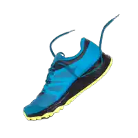 a pair of blue and black running shoes with a yellow bottom