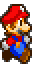 a pixel art drawing of mario wearing a red hat and overalls .