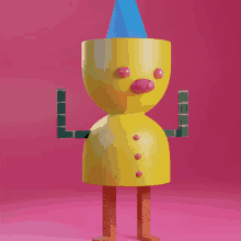 a yellow object with red eyes and a blue hat stands on a pink background