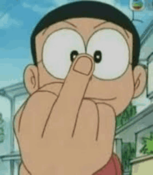 nobita from doraemon is giving the middle finger to the camera .