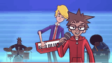 a cartoon shows a man holding a keyboard and a man holding a microphone