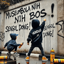 two kids spray paint graffiti on a wall that says museumbola nih bos