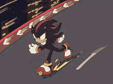 a drawing of shadow the hedgehog running down a street