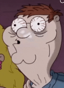 a close up of a cartoon character 's face with glasses and a big nose .