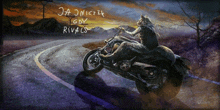 a painting of a wolf riding a motorcycle with the words ja oniczek gdy riv4cs written on it