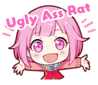 a cartoon of a girl with pink hair and the words `` ugly ass rat '' above her .