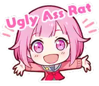 a cartoon of a girl with pink hair and the words `` ugly ass rat '' above her .