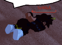 a pixel art of a person laying on the ground with semka in red letters