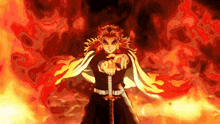 a demon slayer character is holding a sword in front of a fire .