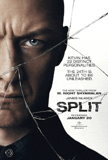 a movie poster for split with a man 's face behind a broken glass