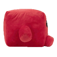 a red stuffed animal with a black eye and a black nose on a white background