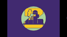 a purple and yellow icon of a factory with smoke coming out of it .