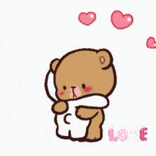 a cartoon of a teddy bear hugging a stuffed animal with a bunny in a heart above it and the word love below it