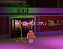 a video game character standing in front of a shop that says rehreviveallicious