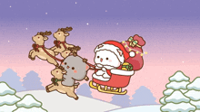 a cartoon drawing of santa claus being pulled by reindeer in a sleigh