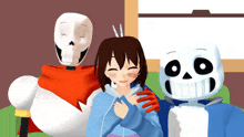 a girl is sitting between two skeletons , papyrus and sans , and smiling .