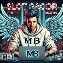 a man with wings is sitting in front of a laptop and a sign that says slot gacor