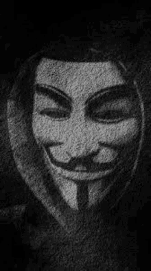 a black and white drawing of a man wearing a anonymous mask .