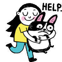 a cartoon drawing of a girl hugging a dog with the word help written on the bottom