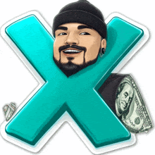 a man with a beard is behind a blue letter x with a 100 dollar bill sticking out of it