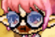 a pixel art drawing of a girl with pink hair and glasses