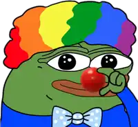 a green frog wearing a rainbow hat and a bow tie has a red nose