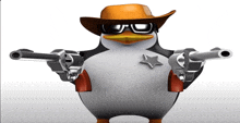 a penguin wearing a sheriff 's hat and sunglasses holds two guns