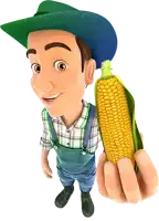 a cartoon farmer is holding a corn on the cob in his hand