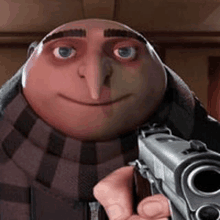 a despicable me character is holding a gun in his hand .