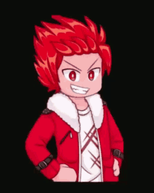 a cartoon character with red hair is wearing a red jacket and white shirt .