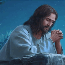 a painting of jesus praying on a rock with his eyes closed