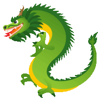 a green cartoon dragon with a yellow tail and red teeth